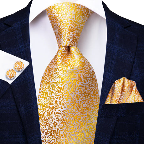 Gold Solid Silk Hanky Cufflink Men Necktie
