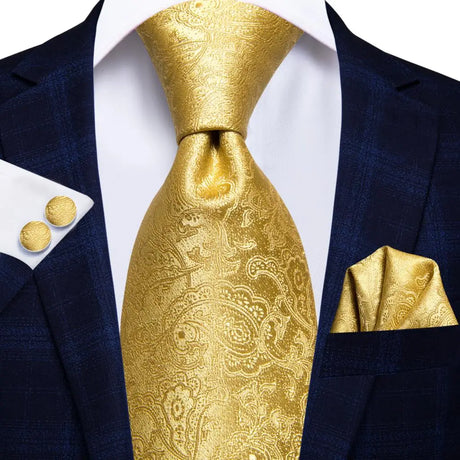 Gold Solid Silk Hanky Cufflink Men Necktie