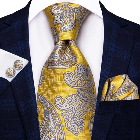 Gold Solid Silk Hanky Cufflink Men Necktie