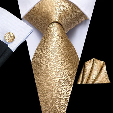 Gold Solid Silk Hanky Cufflink Men Necktie