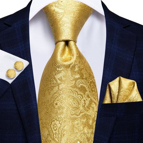 Gold Solid Silk Hanky Cufflink Men Necktie