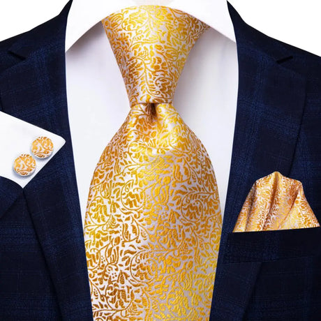 Gold Solid Silk Hanky Cufflink Men Necktie