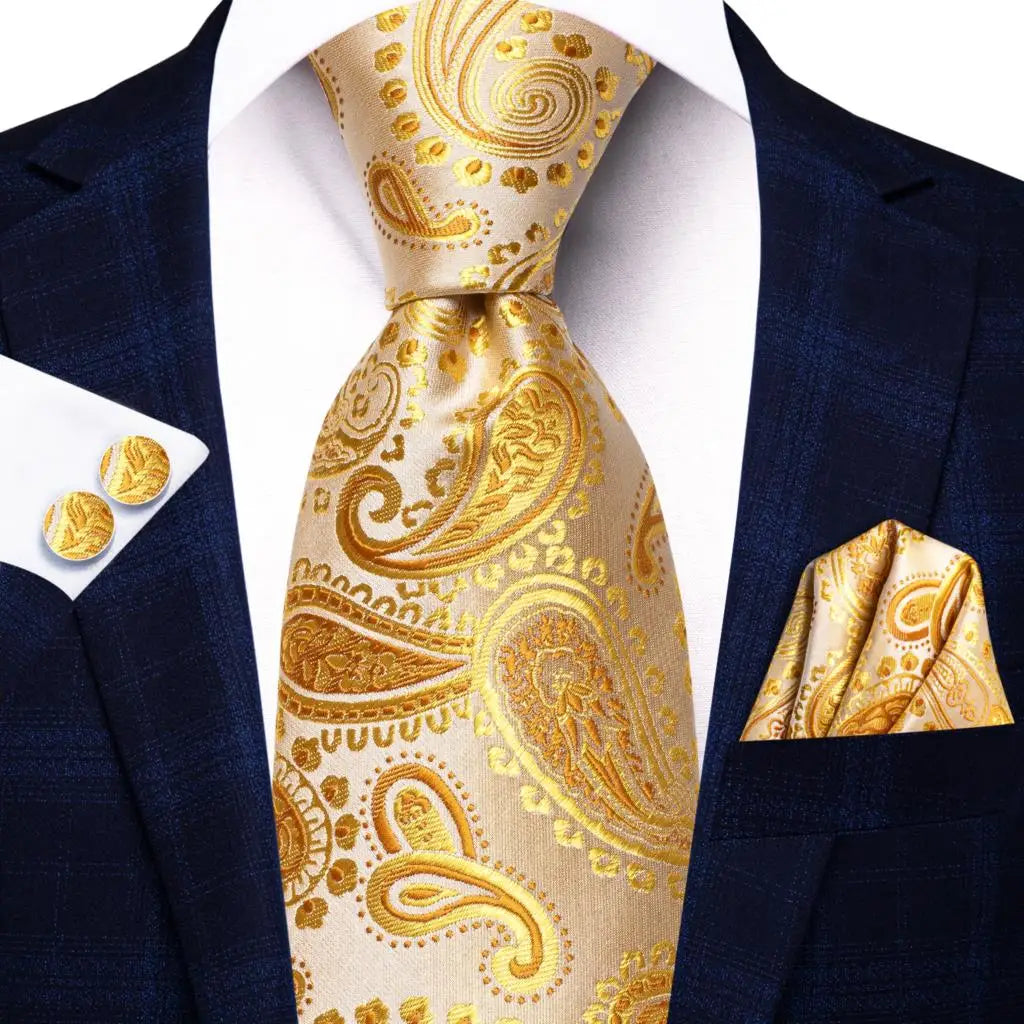 Gold Solid Silk Hanky Cufflink Men Necktie