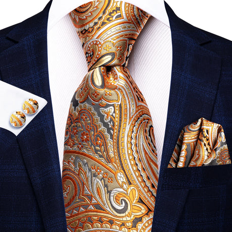 Gold Solid Silk Hanky Cufflink Men Necktie