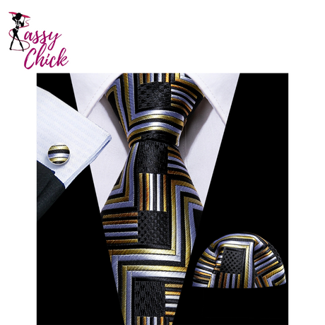 Gold Teal Black Plaid Silk Men Tie Sassy Chick Logo