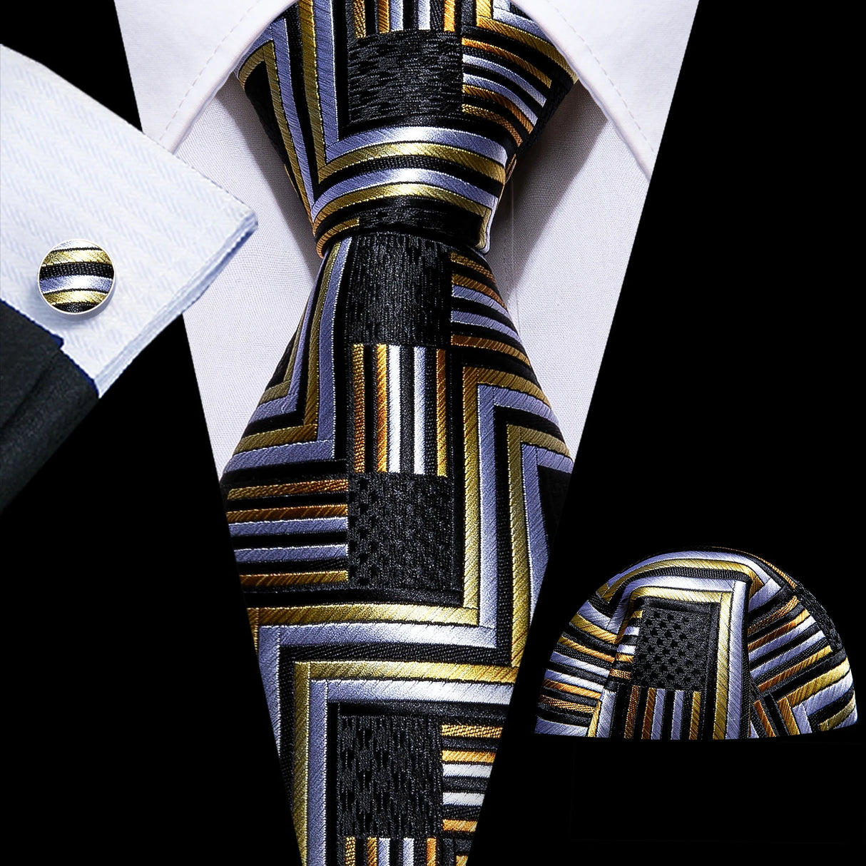 black gray gold geometric pattern necktie set
