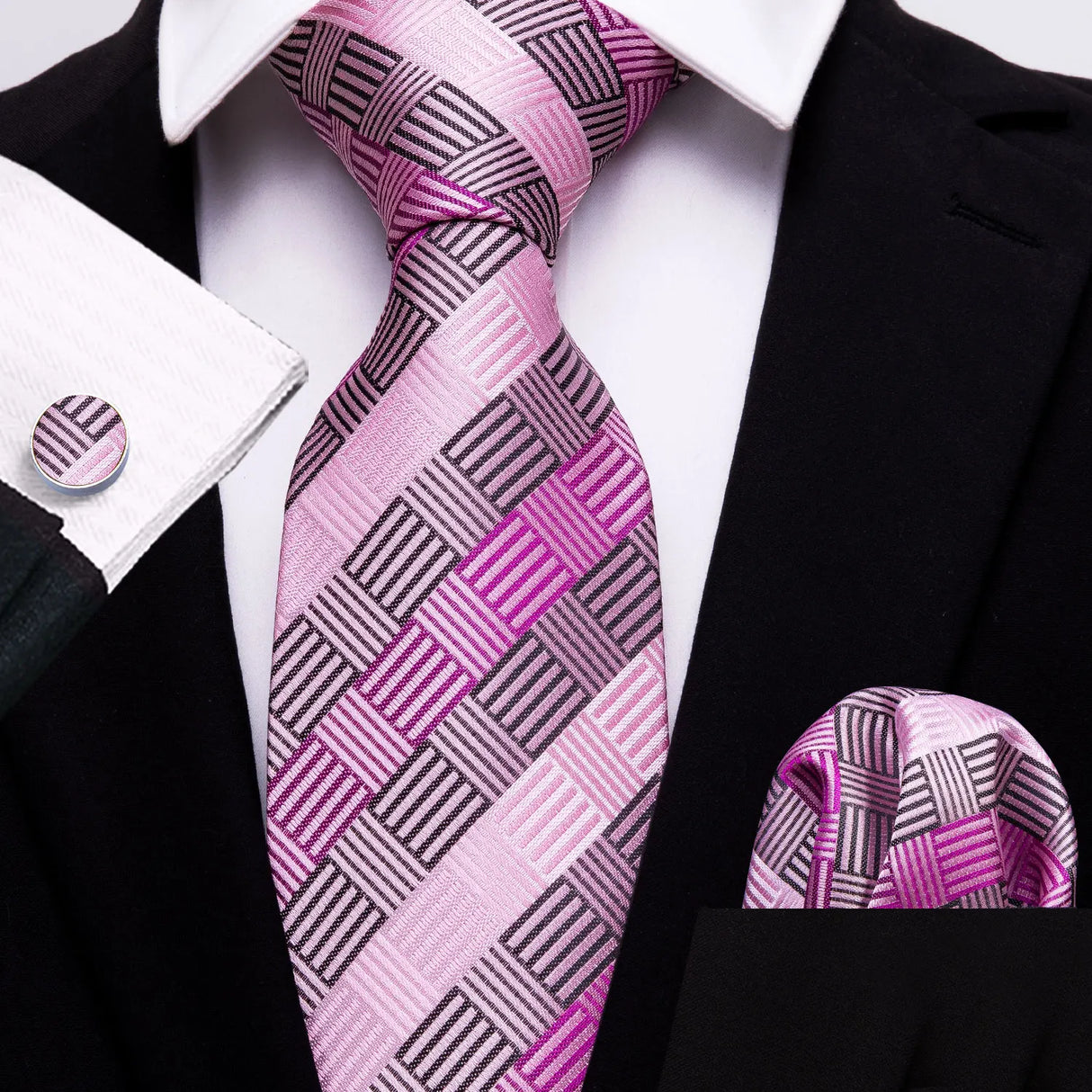 pink black lines pattern necktie set