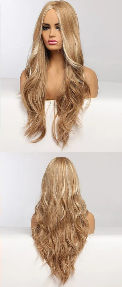 Brown Golden Highlight Long Wavy Synthetic Wigs