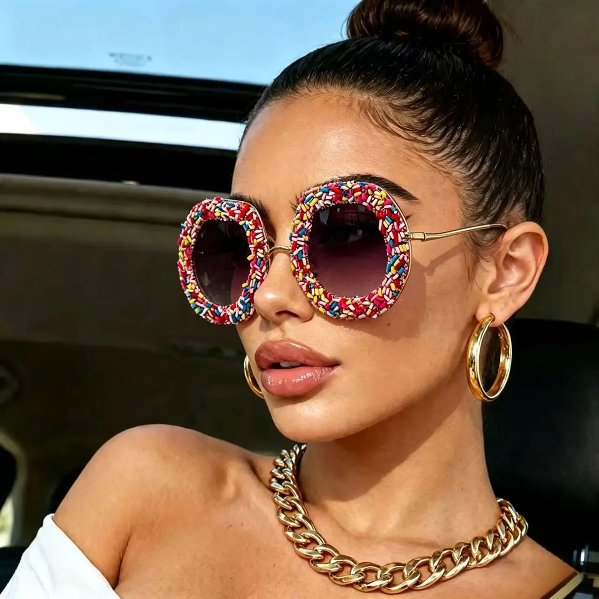 Model Using Gradient Oversized Colorful Candy Round Sunglasses