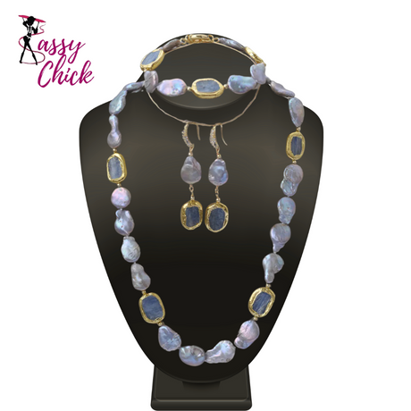 Gray Coin Pearl Blue Kyanites Custom Jewelry Sassy Chick Logo