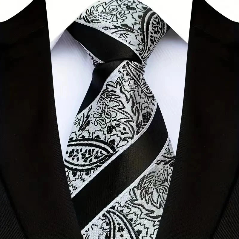 black white stripe floral pattern necktie
