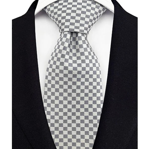 grey white square pattern tie