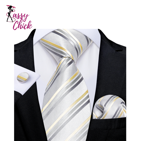 Gray Sliver Hanky Cufflinks Set Silk Neckties Sassy Chick Logo