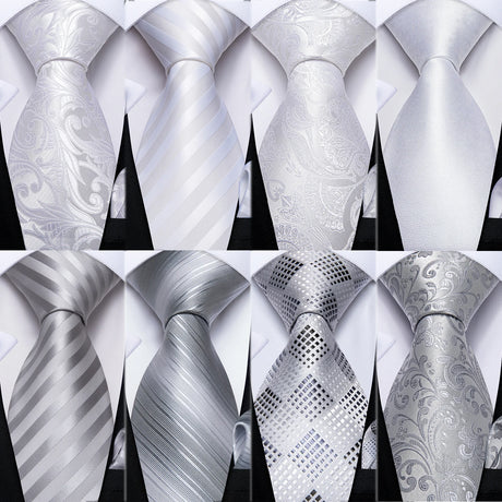 Collection of Gray Sliver Hanky Cufflinks Set Silk Neckties