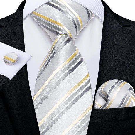 Gray Sliver Hanky Cufflinks Set Silk Neckties