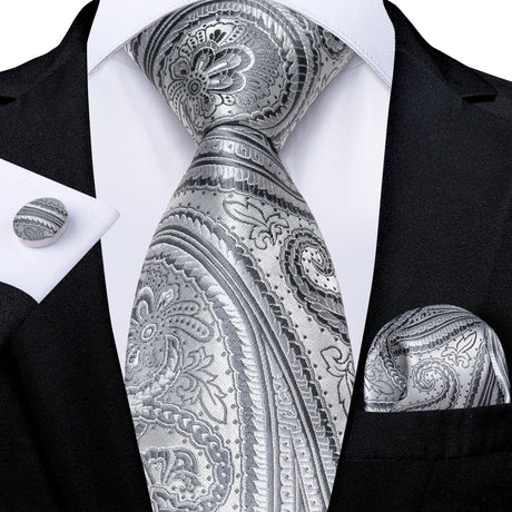 Gray Sliver Hanky Cufflinks Set Silk Neckties