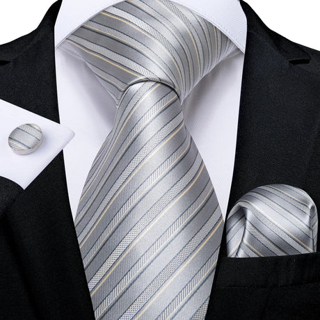 Gray Sliver Hanky Cufflinks Set Silk Neckties