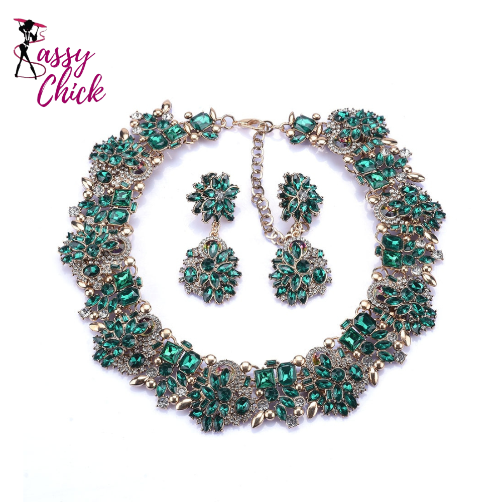 Green Crystal Rhinestone Necklace Set Sassy Chick Logo