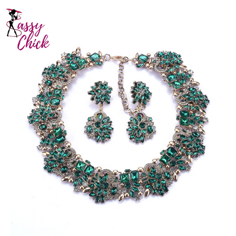Green Crystal Rhinestone Necklace Set Sassy Chick Logo