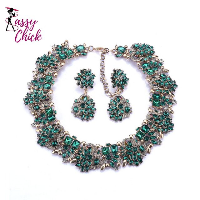 Green Crystal Rhinestone Necklace Set Sassy Chick Logo