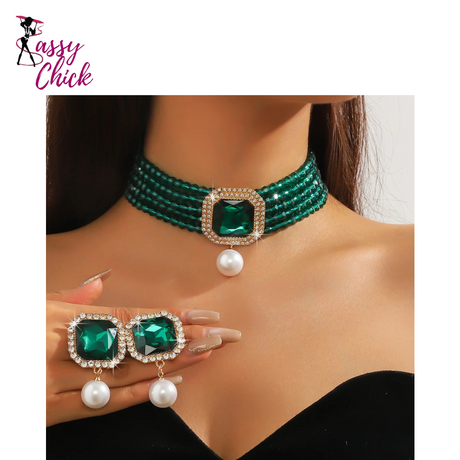 Green Geometric Square Pearl Earrings  Sets Sassy Chick Logo