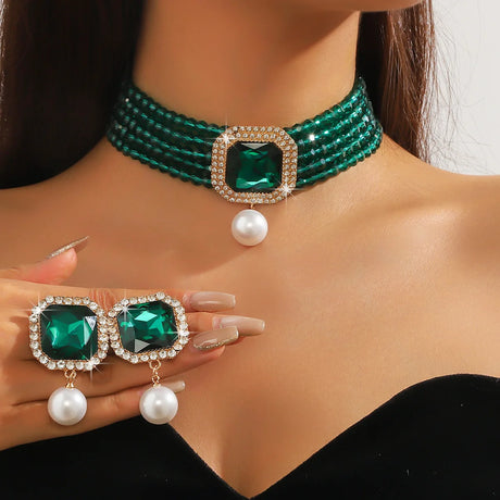 Green Geometric Square Pearl Earrings  Sets