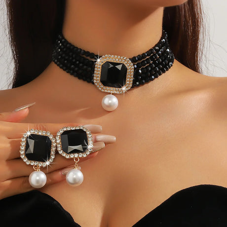 black Geometric Square Pearl Earrings  Sets