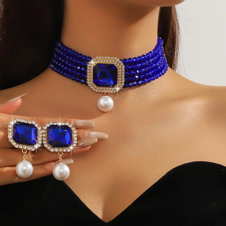 blue Geometric Square Pearl Earrings Sets