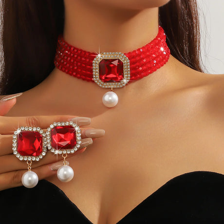 red Geometric Square Pearl Earrings Sets