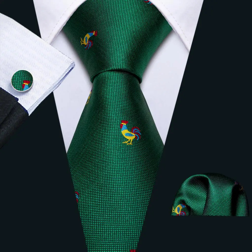 green chicken pattern Teal Silk Men Tie Set