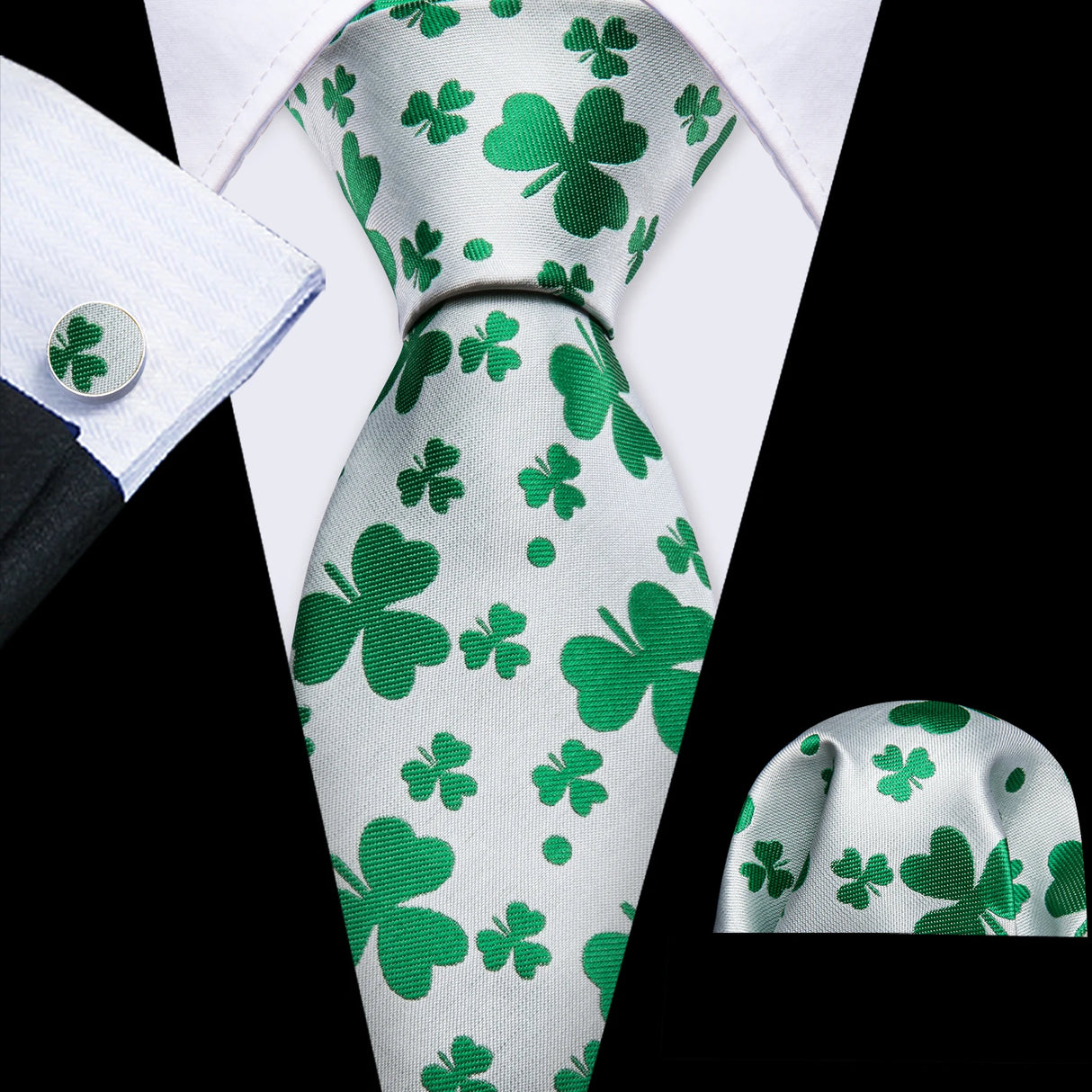 white green leaves pattern Teal Silk Men Tie Set