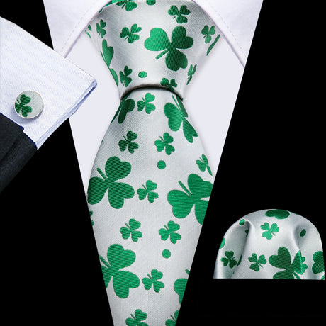 white green leaves pattern Teal Silk Men Tie Set