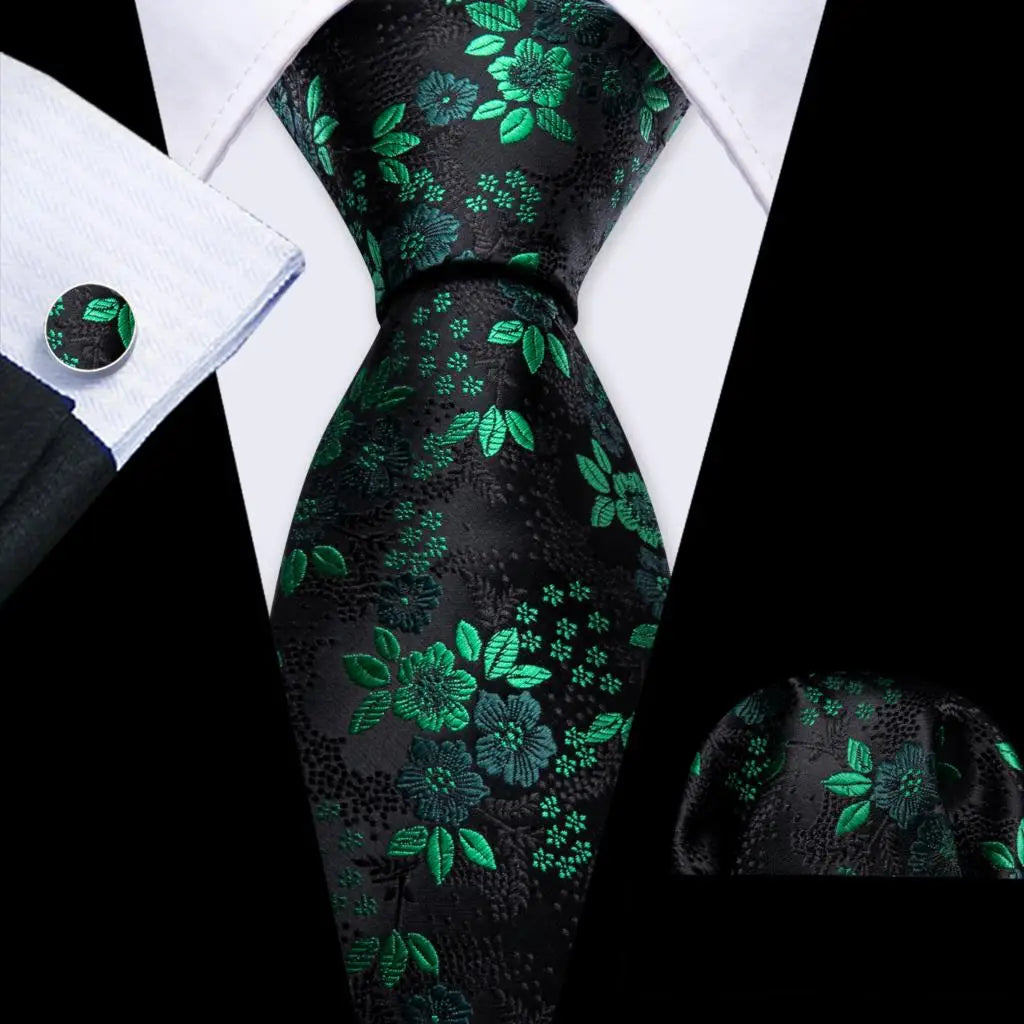 floral pattern Green black Teal Silk Men Tie Set