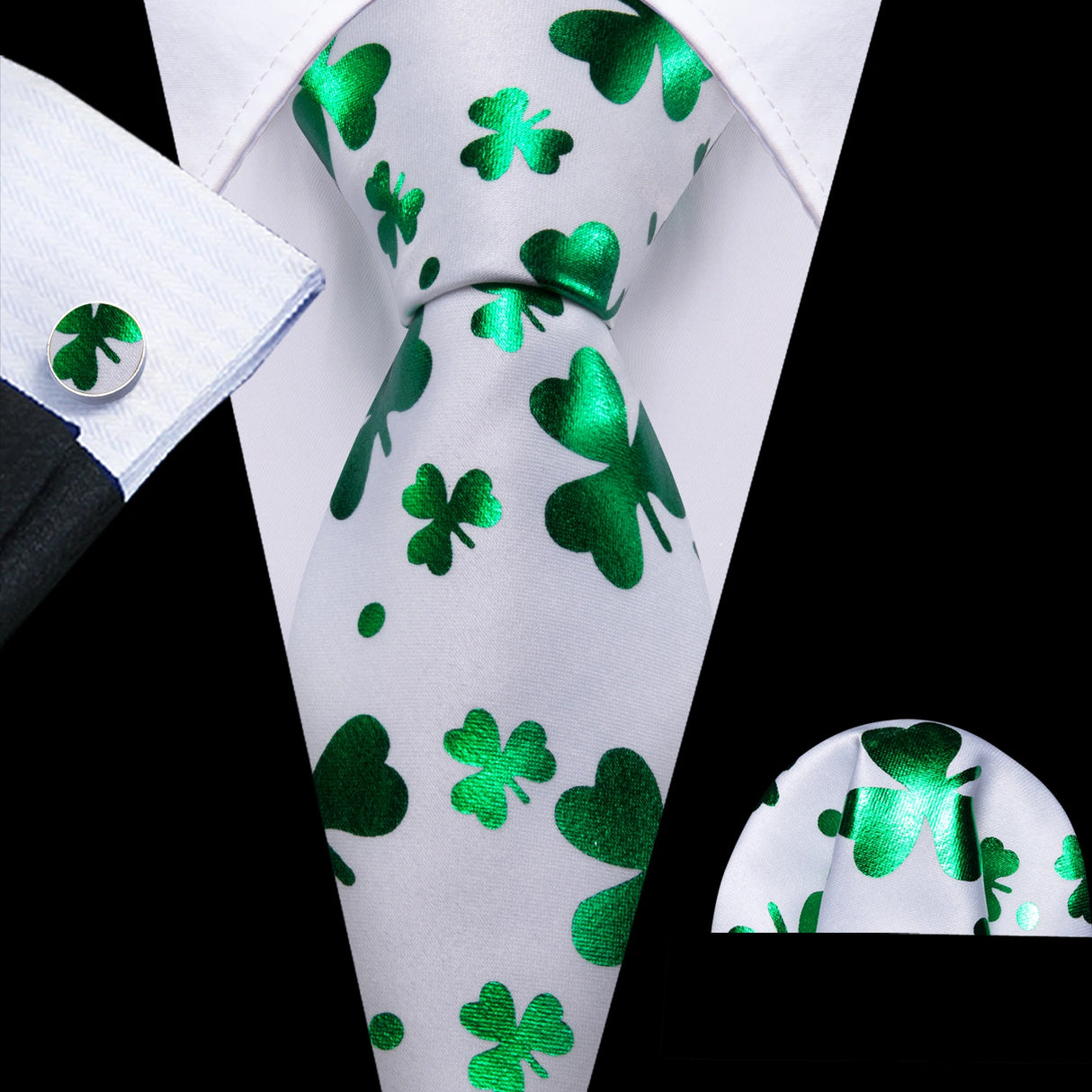 white green leaves pattern Teal Silk Men Tie Set