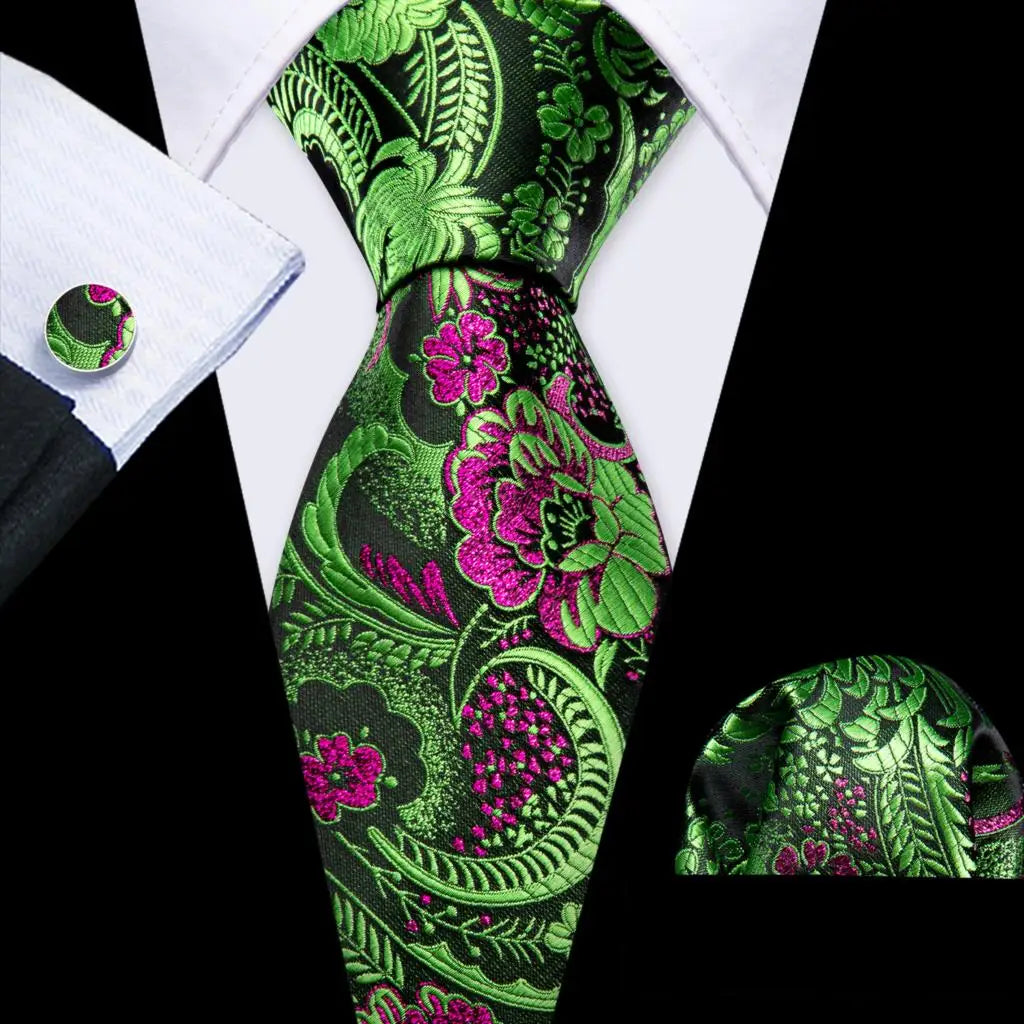 green pink floral pattern Teal Silk Men Tie Set
