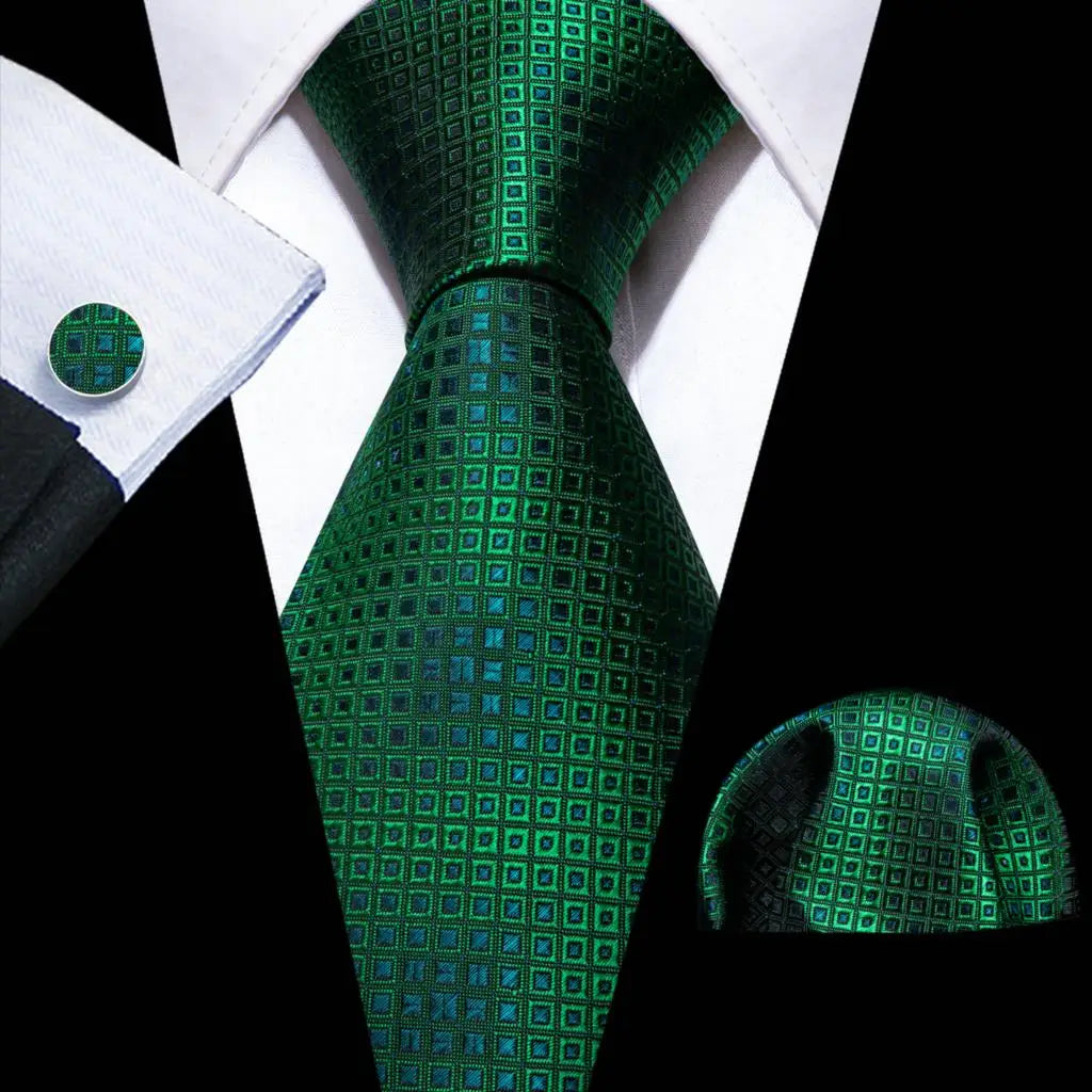 square pattern Green Mint Teal Silk Men Tie Set