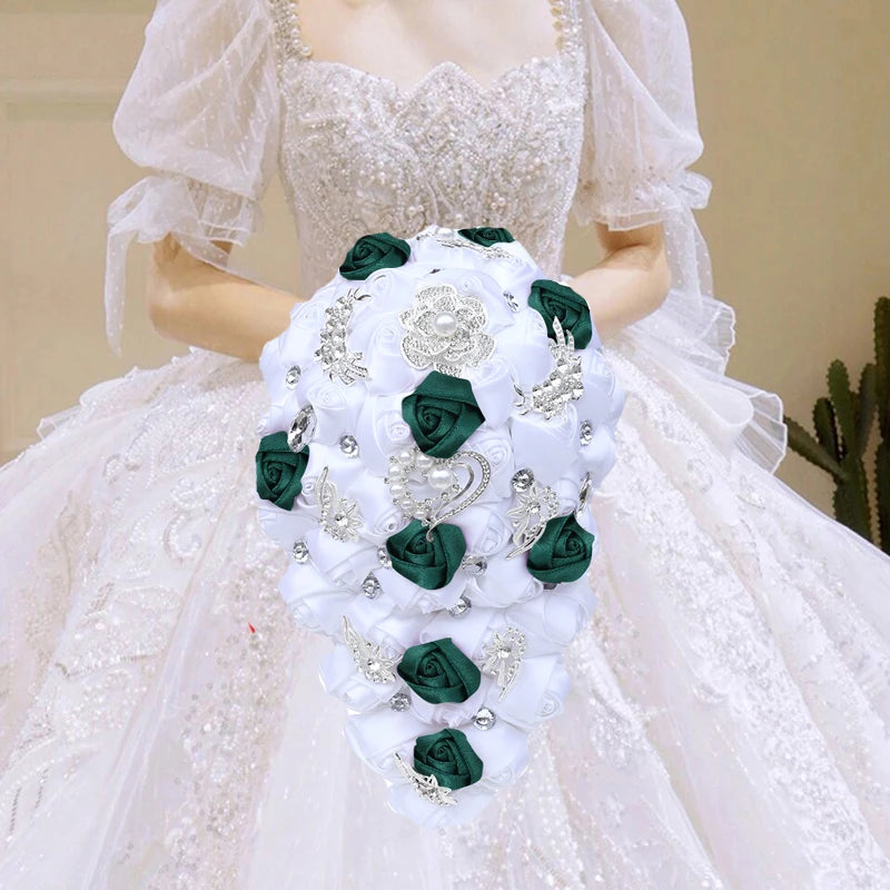 White Green Waterfall Bridal Flower Bouquets