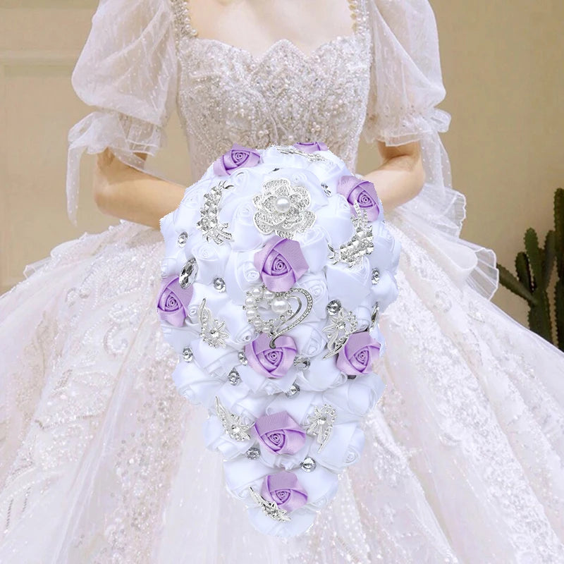 White Purple Waterfall Bridal Flower Bouquets