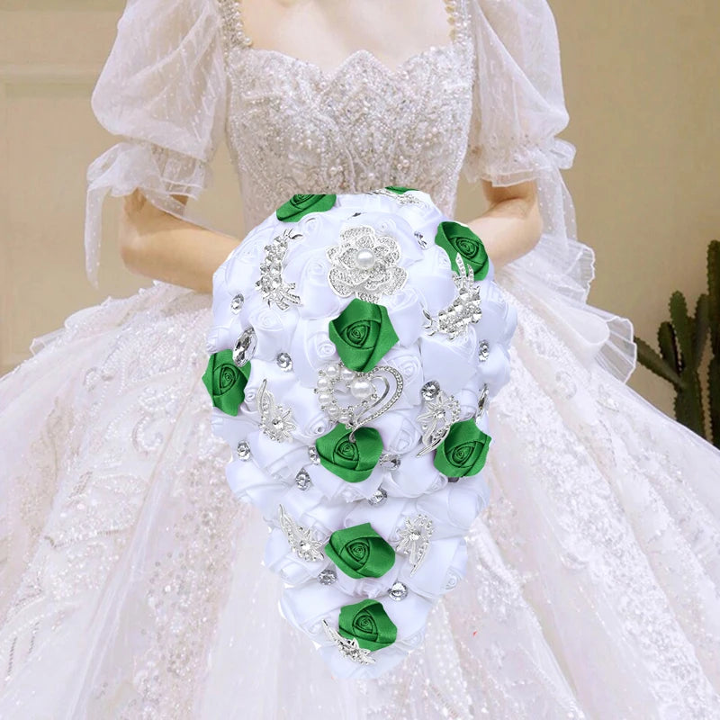 White Green Waterfall Bridal Flower Bouquets