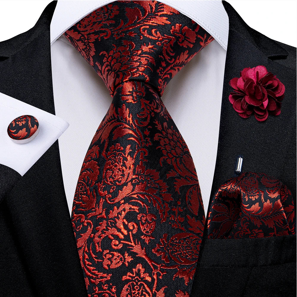 red black floral pattern tie set
