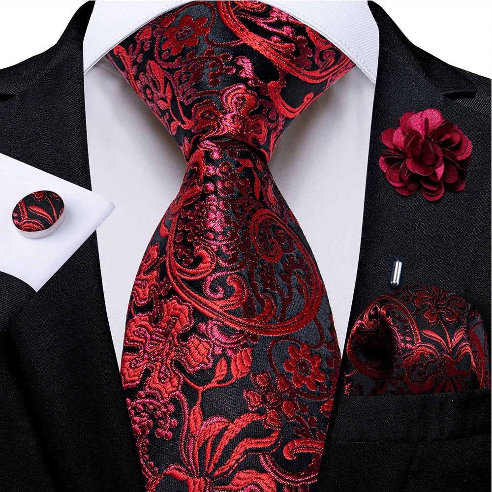 red black floral pattern tie set