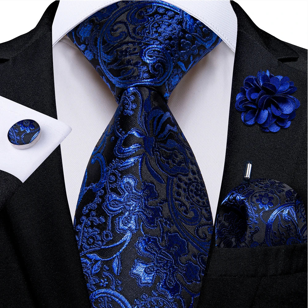 black blue floral pattern tie set