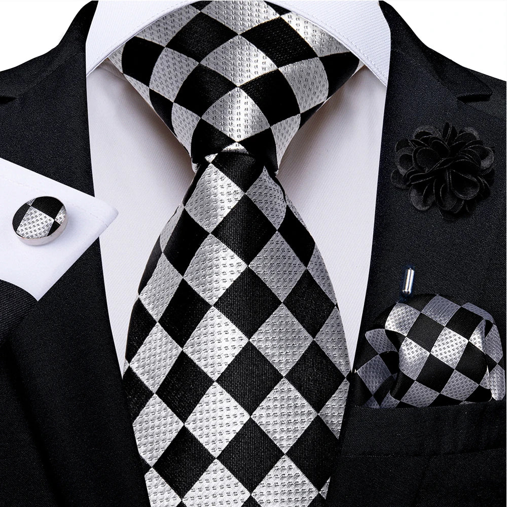 black white square pattern tie set