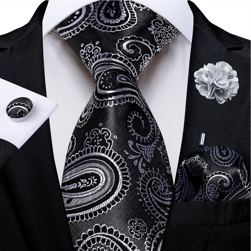 black silver paisley tie set