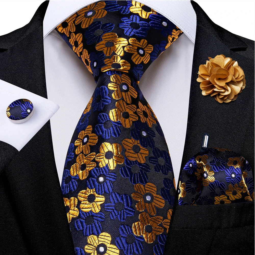 blue gold black floral pattern tie set