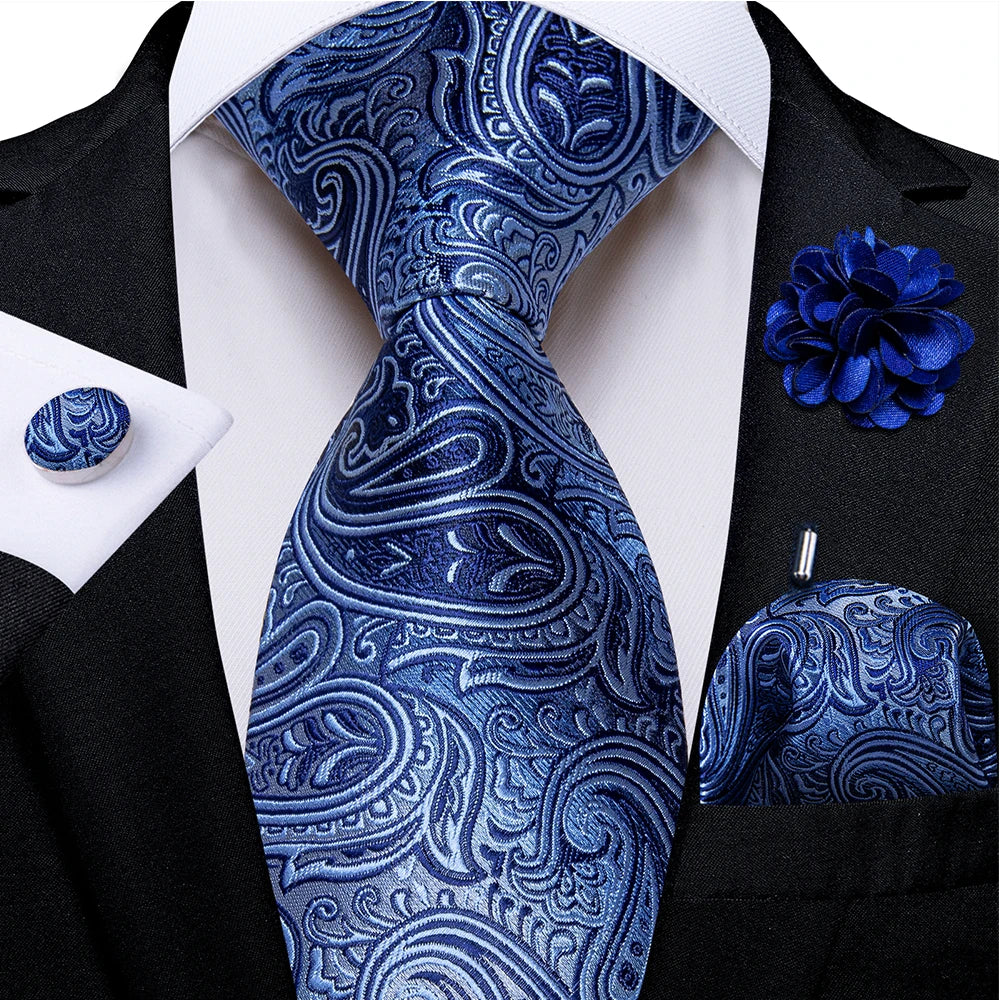 silver blue paisley tie set