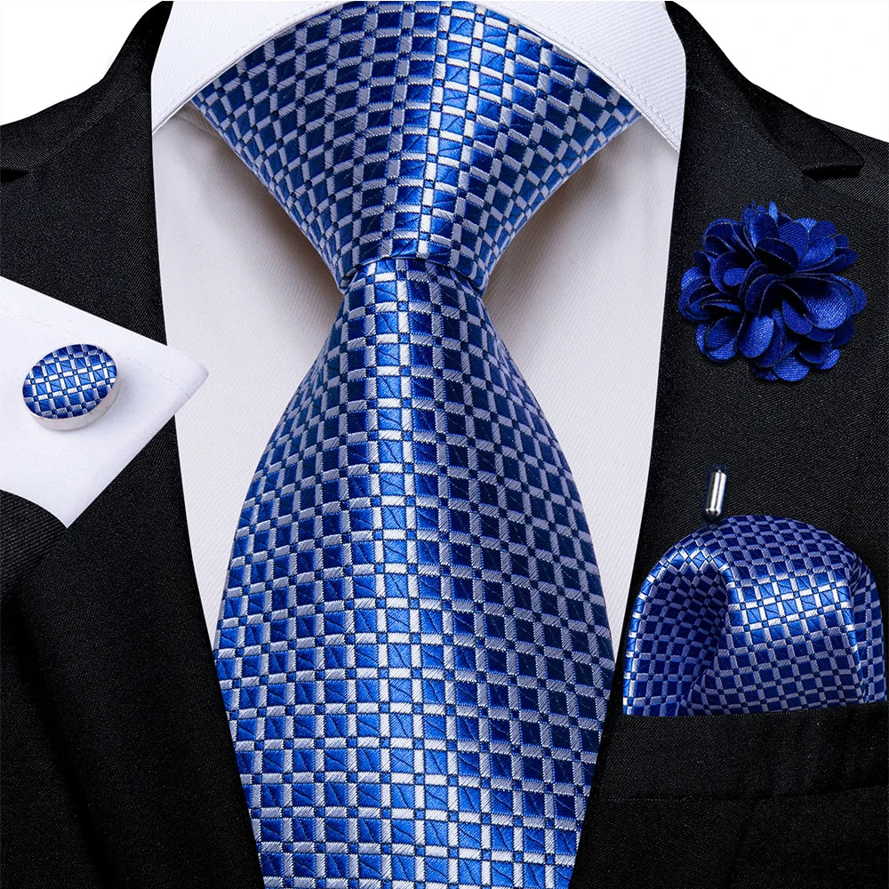 blue white square pattern tie set