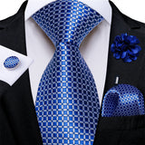 blue white square pattern tie set