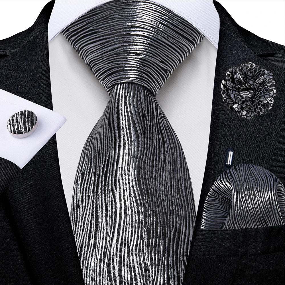 black silver line pattern tie set