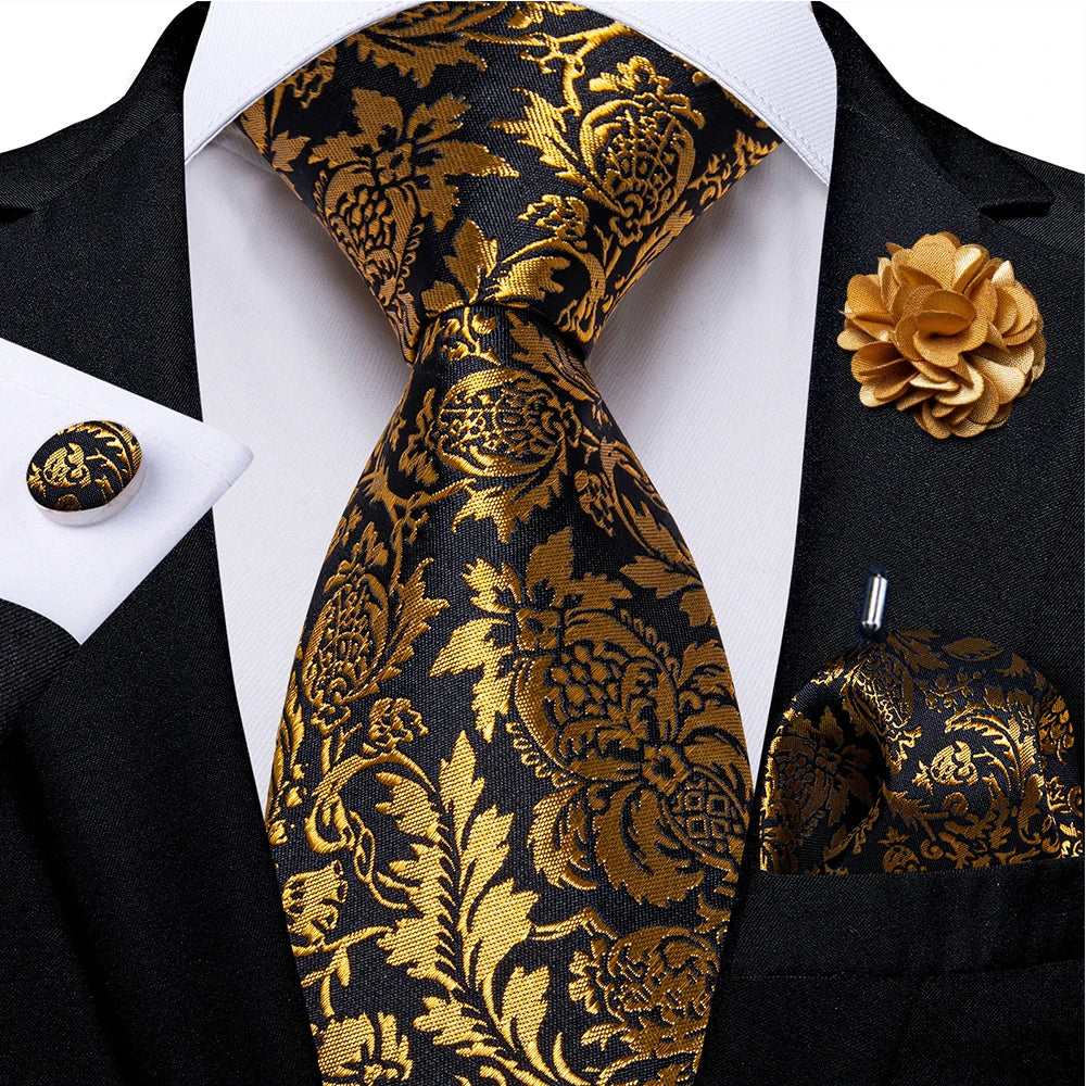 black gold floral pattern tie set